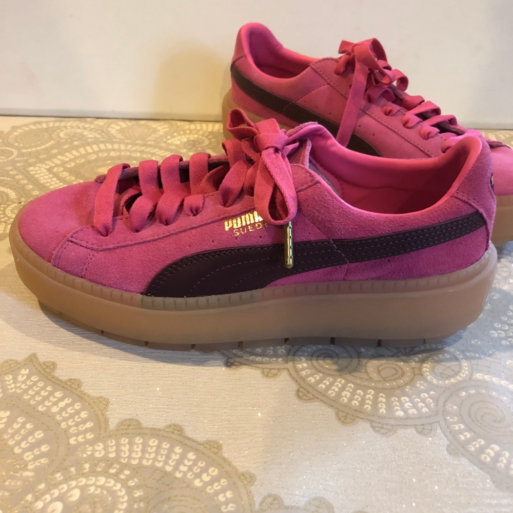 Puma Pink and Dark Burgundy Platform Suede Sneakers - Picture 2 of 6